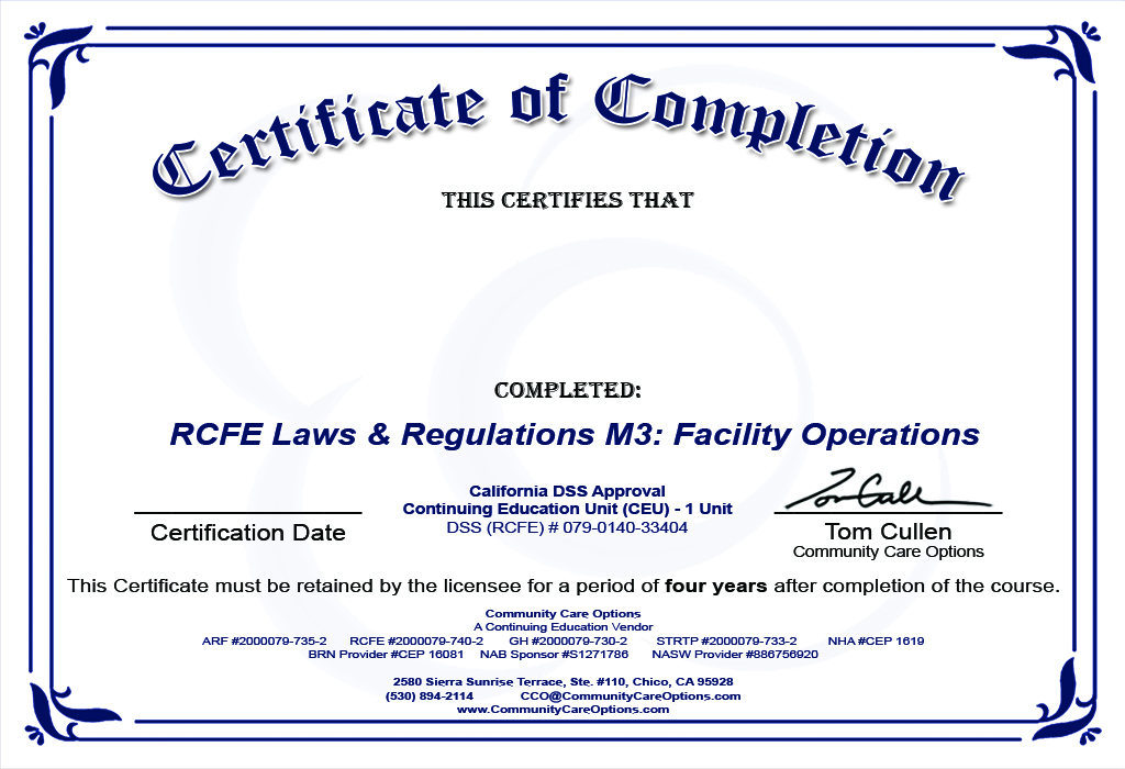 CCO Online Training ADMIN RCFE Laws and Regs M3